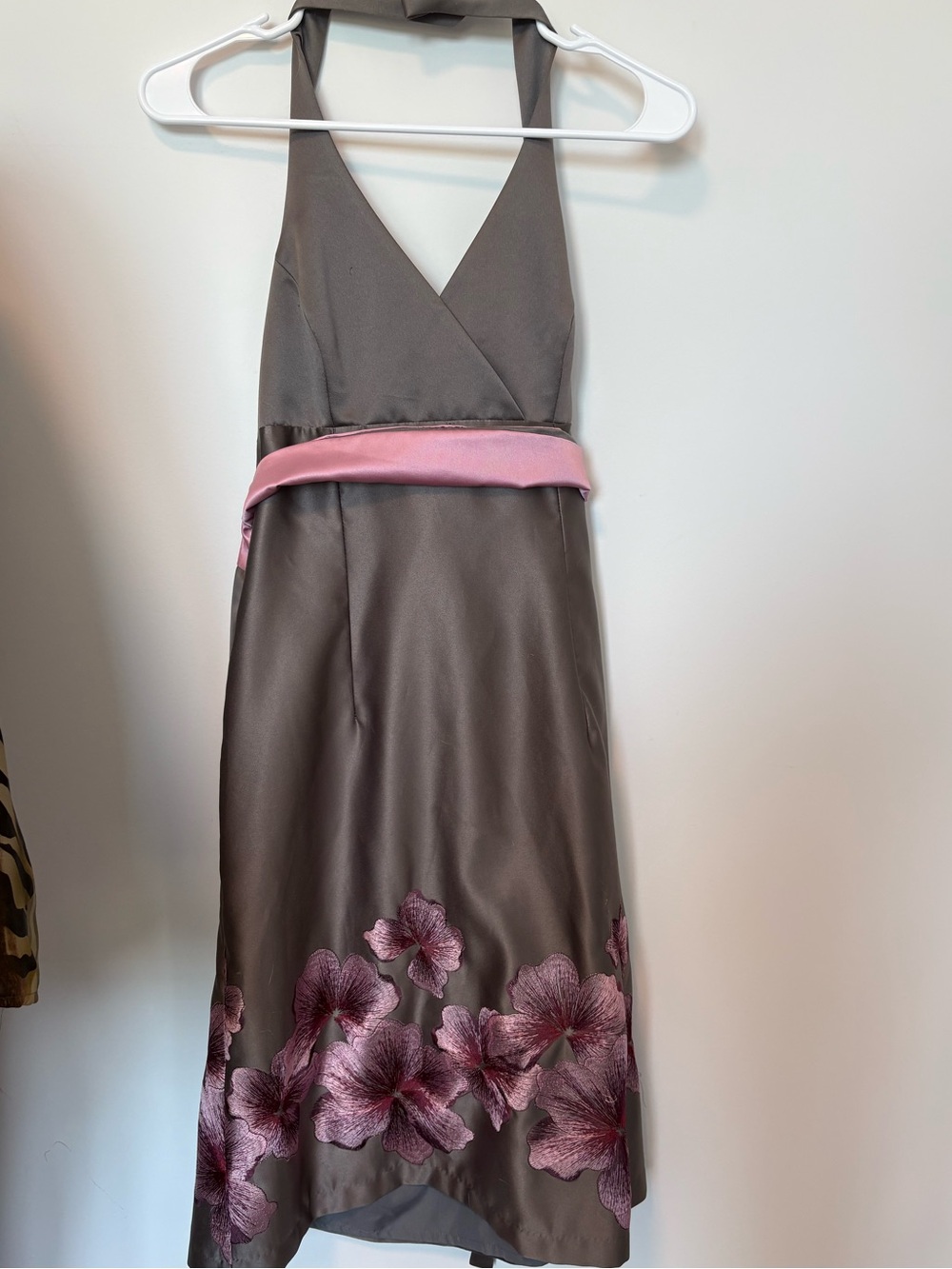 Grey Halter Dress with Pink Sash and Floral detail